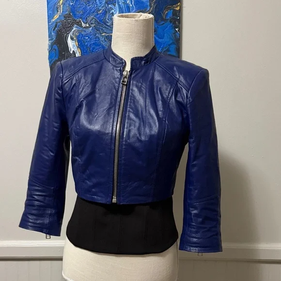 Bebe 100% leather crop Women's Blue Leather Jacket - Picture 5 of 13